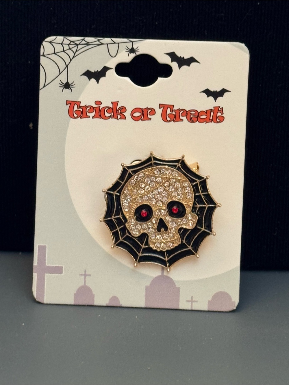 NWT Halloween Skull Spiderweb Rhinestone Brooch Pin Gold Tone